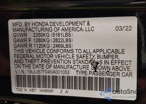 2022 Acura Tlx Type S z USA, uszkodzony, nr VIN 19UUB7F04NA001053